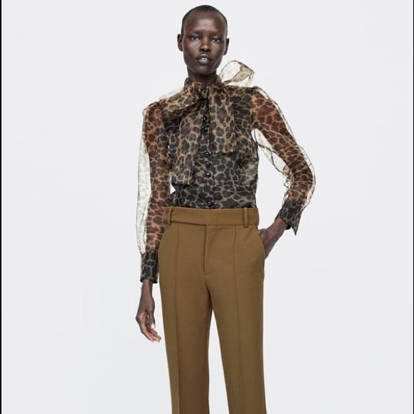 Zara ANIMAL PRINT Semi-Sheer BLOUSE W/TIE Neck LEOPARD CHEETAH BROWN/BLACK NEW - Picture 7 of 8